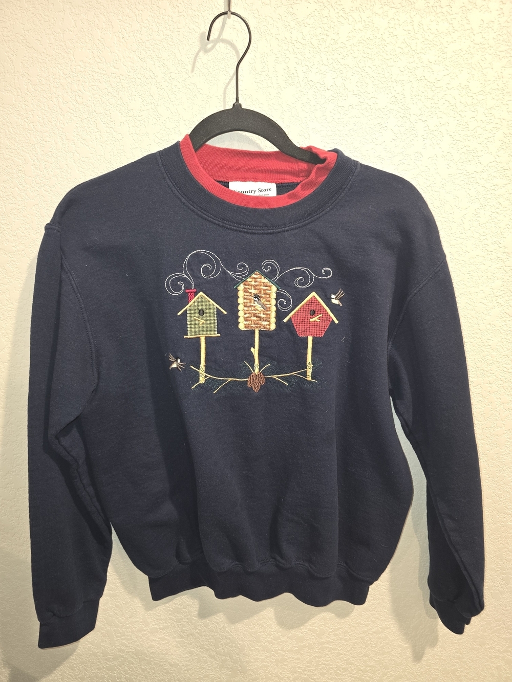 Country Store Vintage Birdhouse Embroidered Double Collar Sweatshirt M